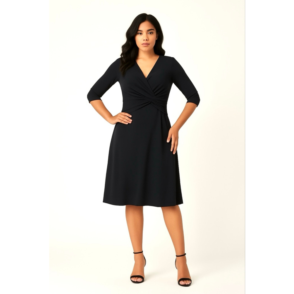 Vintage Joseph Ribkoff Black Jersey Knit Twist Knot Ruched Midi Dress Size 12